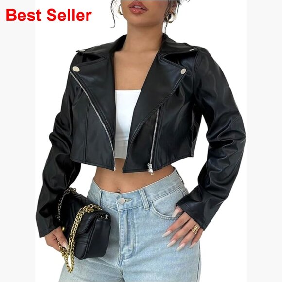 PU Leather Cropped Jacket Zip Up Motorcycle Coat